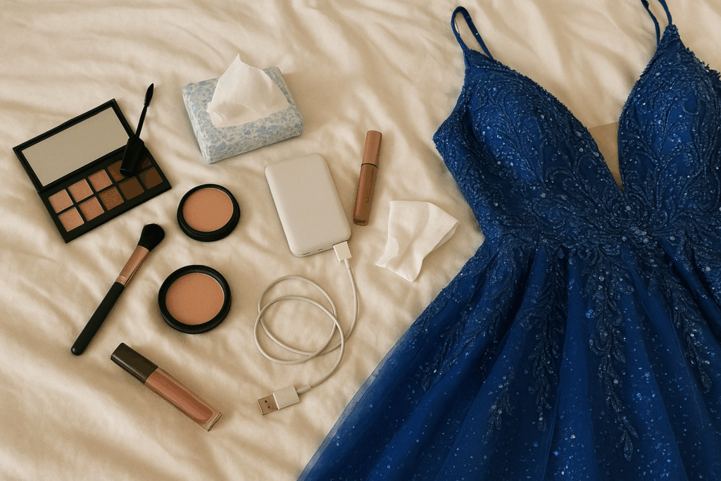some prom essentials laid out on bed
